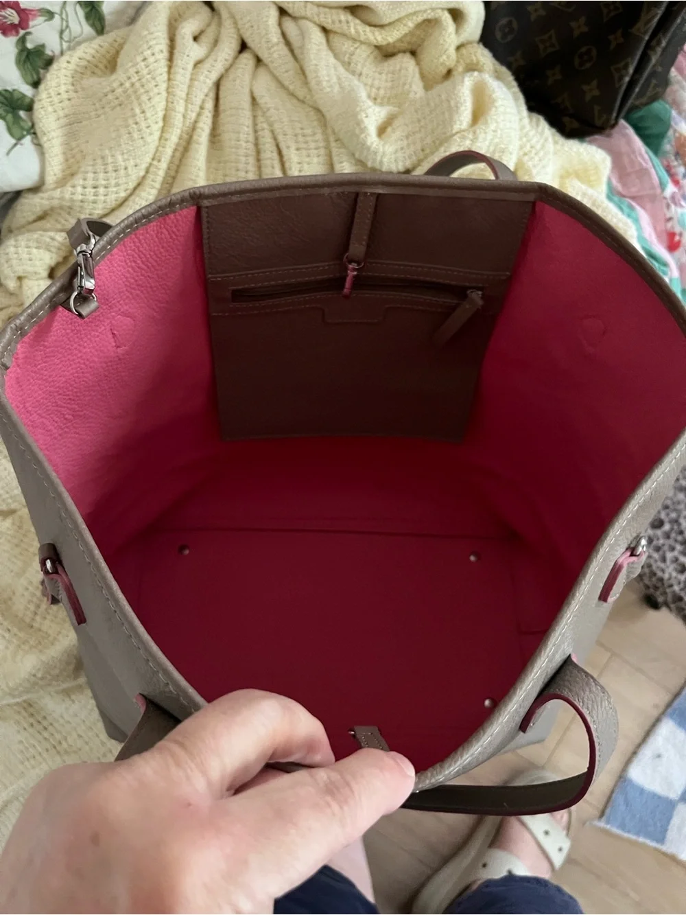 LODIS Bliss Taupe/Tan/Brown Pebbled Leather Tote, Pink Trim, approx 17”wx12”h
